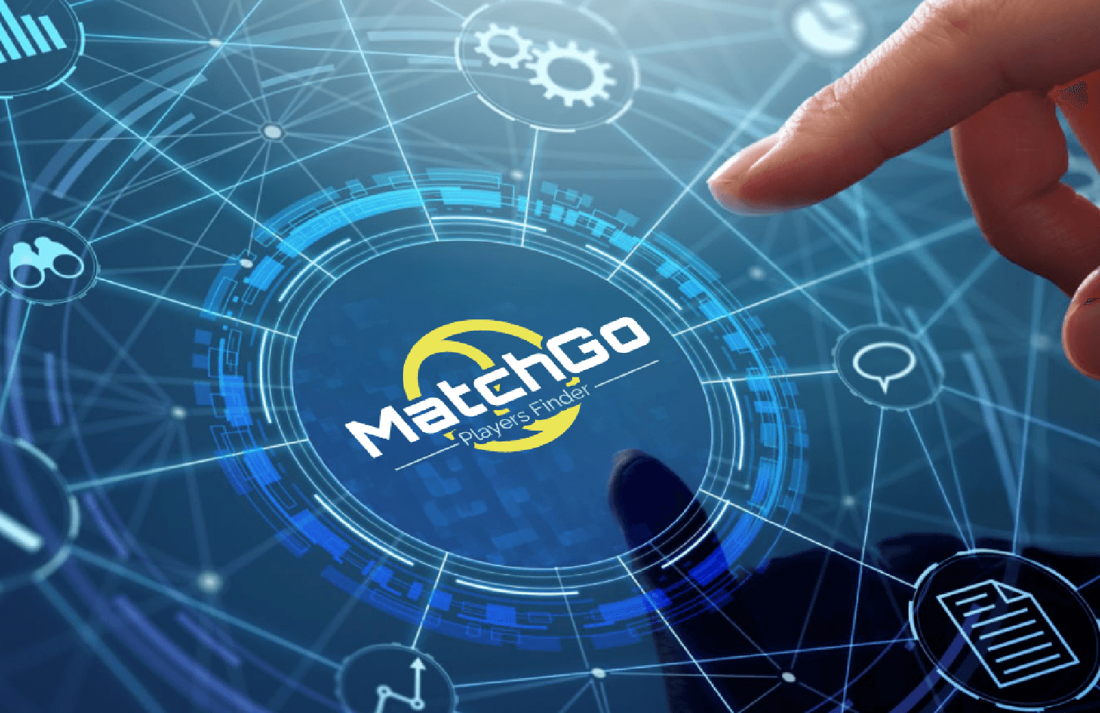 Hand touching a glowing digital interface with the MatchGo logo and interconnected icons.